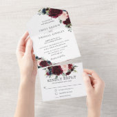 ブルゴーニュ赤面ネイビーブルーフローラグリーナリー結婚ズ オールインワン招待状 (貼ってはがせる)