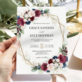 ブルゴーニュ赤面ネイビーブルーフローラジオメトリック結婚ス 招待状