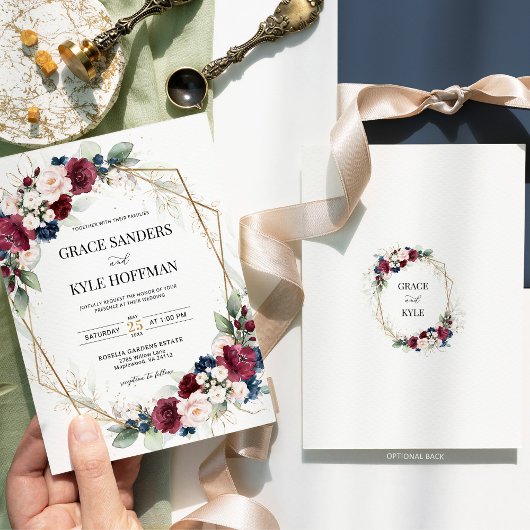 ブルゴーニュ赤面ネイビーブルーフローラジオメトリック結婚ス 招待状