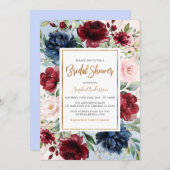 ブルゴーニュ赤面ネイビーブルーフローラブライダルシャワー 招待状 (正面/裏面)