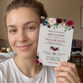 ブルゴーニュ赤面ネイビーブルーフローラボタニッ結婚クス 招待状