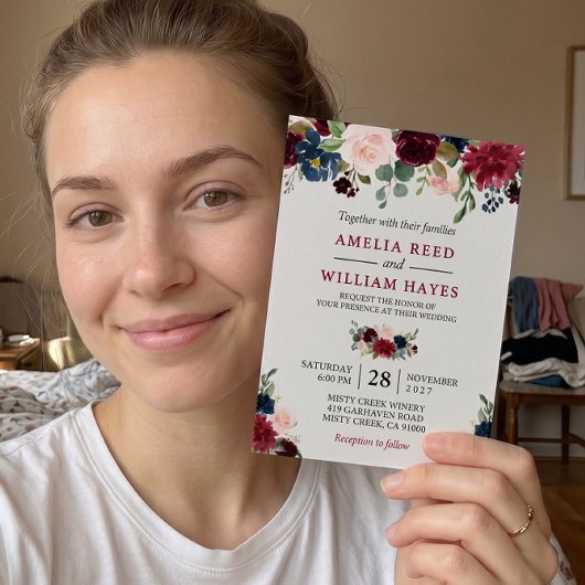 ブルゴーニュ赤面ネイビーブルーフローラボタニッ結婚クス 招待状