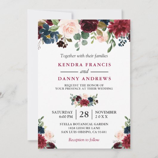 ブルゴーニュ赤面ネイビーブルーフローラボタニッ結婚クス 招待状 (正面)