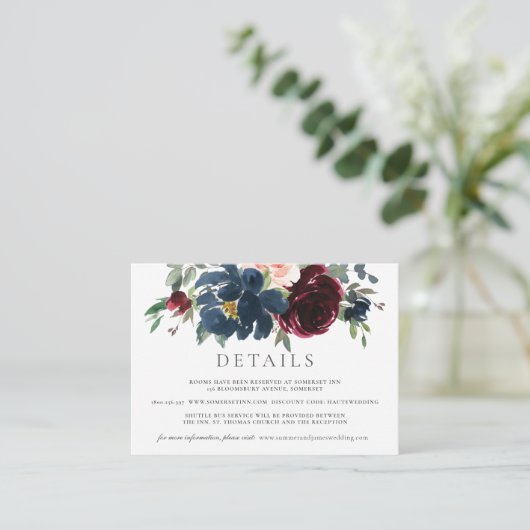 ブルゴーニュ赤面ネイビーブルーフローラ結婚ズ詳細 エンクロージャーカード (スタンド正面)