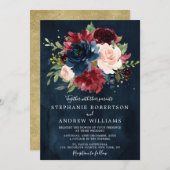 ブルゴーニュ赤面ネイビーブルーボタニカルフローラ結婚ズ 招待状 (正面/裏面)