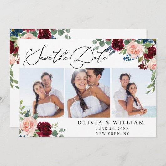 ブルゴーニュ赤面ネイビーホワイトローズ3 結婚PHOTO's セーブザデート (正面/裏面)