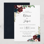 ブルゴーニュ赤面ネイビーボタニカルフローラ結婚ズ 招待状 (正面/裏面)