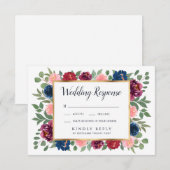 ブルゴーニュ赤面ネイビーマルサラ金ゴールドウェディングRSVPカード 出欠カード (正面/裏面)