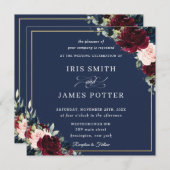 ブルゴーニュ赤面ネイビー結婚ブルーフローラズスクエア 招待状 (正面/裏面)