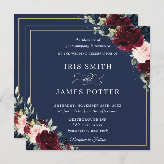 ブルゴーニュ赤面ネイビー結婚ブルーフローラズスクエア 招待状 (正面/裏面)