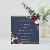 ブルゴーニュ赤面ネイビー結婚ブルーフローラズスクエア 招待状 (スタンド正面)