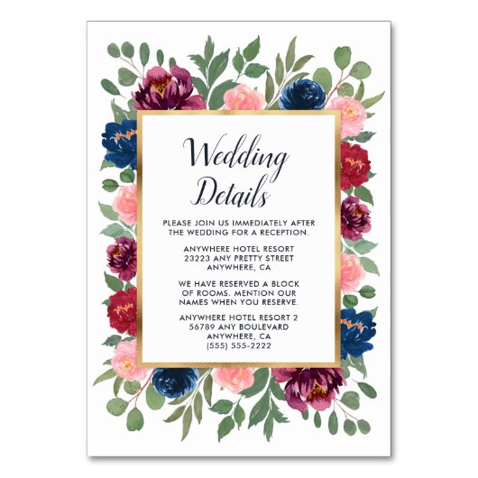 ブルゴーニュ赤面ネイビー結婚マルサラのインサートカード テーブルナンバー (正面)