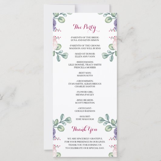 ブルゴーニュ赤面ネイビー開花フローラ結婚式 プログラム (裏面)