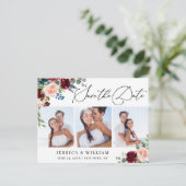 ブルゴーニュ赤面ネイビー3 PHOTOウェディング日付を保存 ポストカード (スタンド正面)