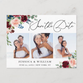 ブルゴーニュ赤面ネイビー3 PHOTOウェディング日付を保存 ポストカード