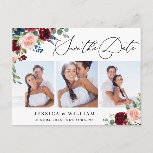 ブルゴーニュ赤面ネイビー3 PHOTOウェディング日付を保存 ポストカード (正面)