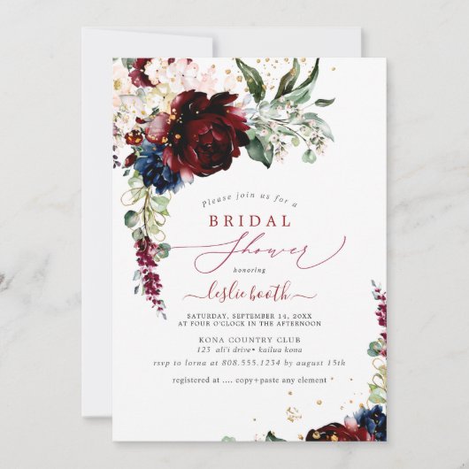 ブルゴーニュ赤面ネイビーH2牡丹ブライダルシャワー 招待状 (正面)