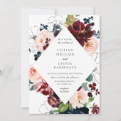 ブルゴーニュ赤面ネイビ色彩の鮮やかーフローラ結婚ズ 招待状 (正面)