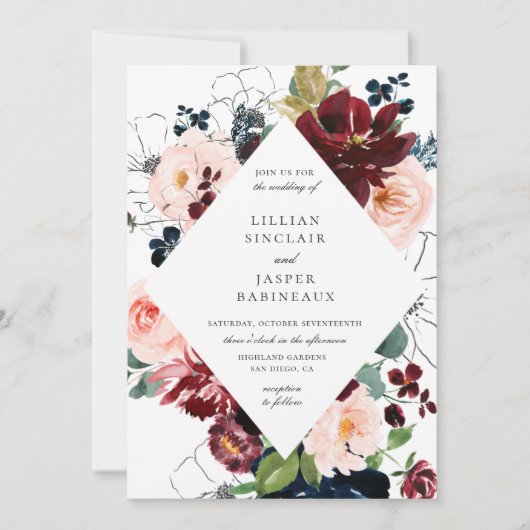 ブルゴーニュ赤面ネイビ色彩の鮮やかーフローラ結婚ズ 招待状 (正面)