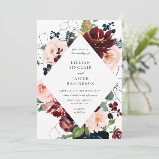 ブルゴーニュ赤面ネイビ色彩の鮮やかーフローラ結婚ズ 招待状 (スタンド正面)
