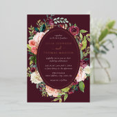 ブルゴーニュ赤面バラ金ゴールドフローラ結婚葉 箔招待状 (立ち正面)