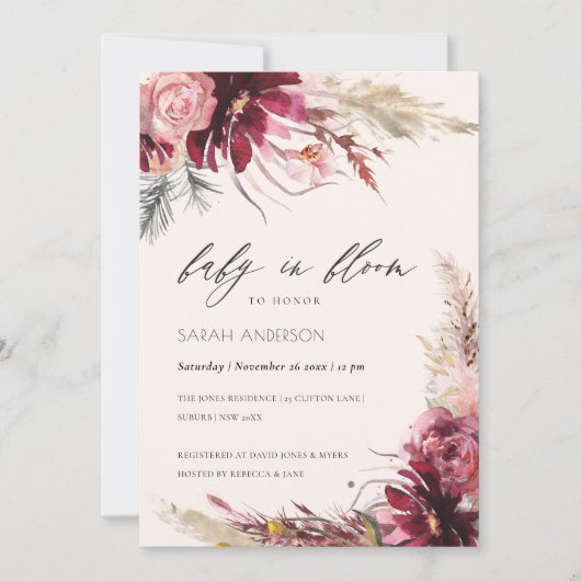 ブルゴーニュ赤面パンパスグラスベビーイン開花招待状 サンキューカード (正面)