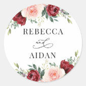 ブルゴーニュ赤面パーソナライズされた結婚フローラクラシック ラウンドシール (正面)
