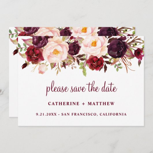 ブルゴーニュ赤面ピンクウェディングデートを保存 セーブザデート (正面/裏面)