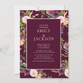 ブルゴーニュ赤面ピンクウォーターカラーフローラ結婚ズ 招待状 (正面)