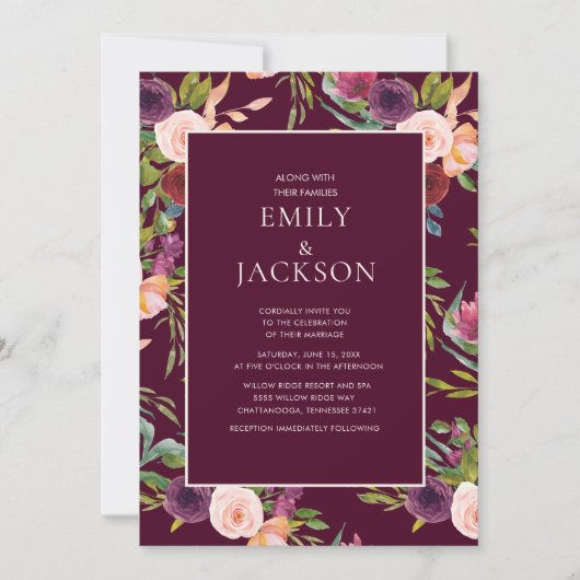 ブルゴーニュ赤面ピンクウォーターカラーフローラ結婚ズ 招待状 (正面)