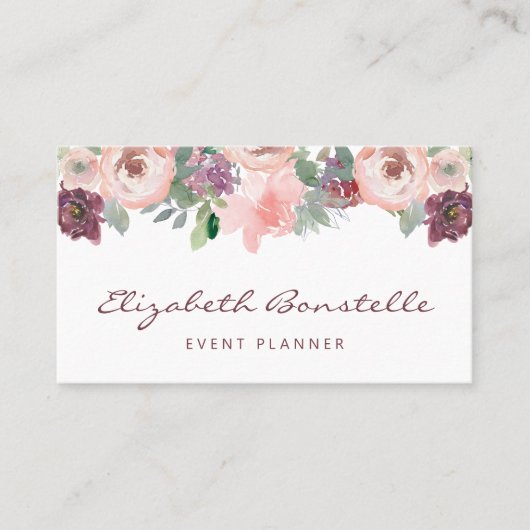 ブルゴーニュ赤面ピンクウォーターカラーフローラ 名刺 (正面)