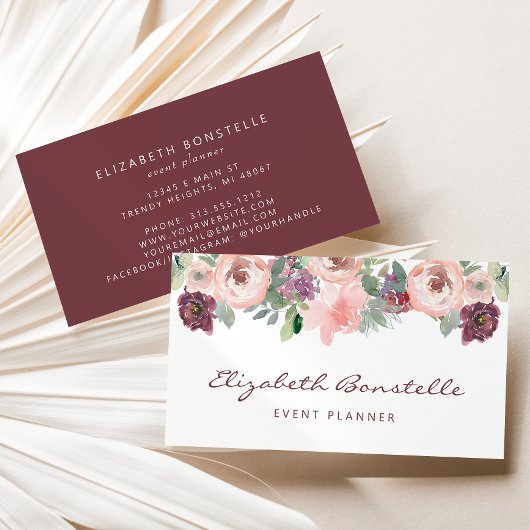 ブルゴーニュ赤面ピンクウォーターカラーフローラ 名刺