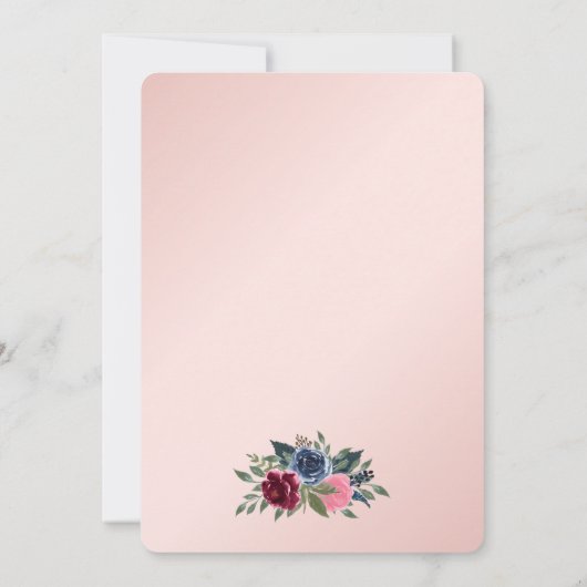 ブルゴーニュ赤面ピンクネイビーブルーフローラブライダルシャワー 招待状 (裏面)