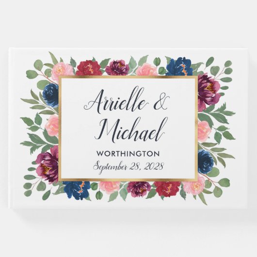 ブルゴーニュ赤面ピンクネイビーブルーマルサラ金ゴールド結婚ズ ゲストブック (正面)