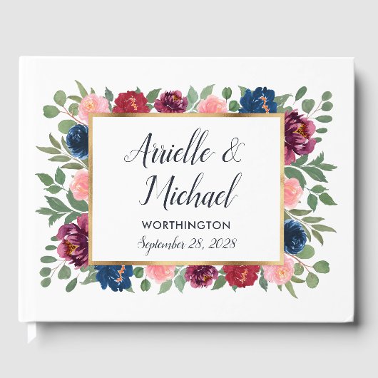 ブルゴーニュ赤面ピンクネイビーブルーマルサラ金ゴールド結婚ズ ゲストブック (正面)