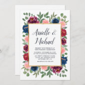 ブルゴーニュ赤面ピンクネイビーブルーマルサラ金ゴールド結婚ズ 招待状 (正面/裏面)