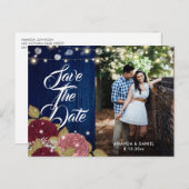 ブルゴーニュ赤面ピンクネイビー結婚ブルーの写真 案内ポストカード (正面/裏面)