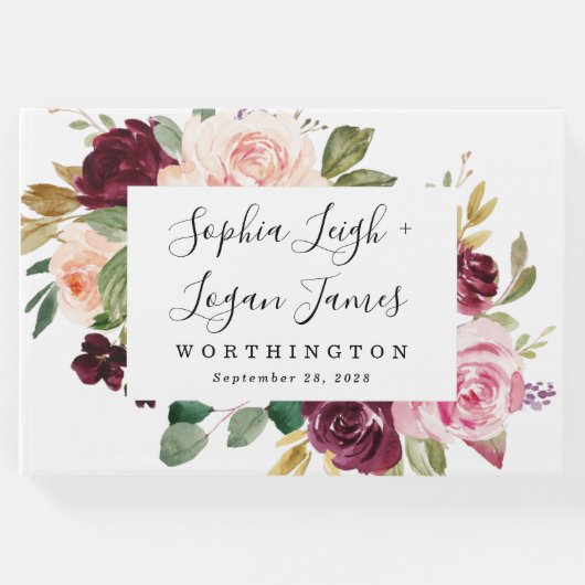 ブルゴーニュ赤面ピンクピーチ金ゴールドフローラボホ結婚ズ ゲストブック (正面)