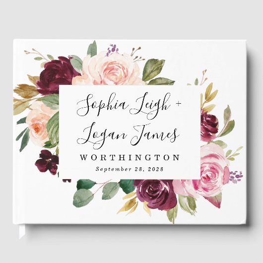 ブルゴーニュ赤面ピンクピーチ金ゴールドフローラボホ結婚ズ ゲストブック (正面)