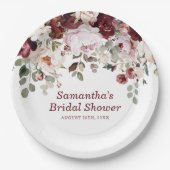 ブルゴーニュ赤面ピンクフラワーズブライダルシャワー ペーパープレート (正面)