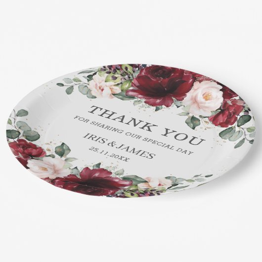 ブルゴーニュ赤面ピンクフローラウェディングシャワー誕生日 ペーパープレート (アングル)