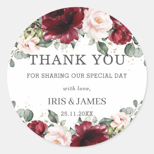 ブルゴーニュ赤面ピンクフローラウェディングシャワー誕生日 ラウンドシール (正面)