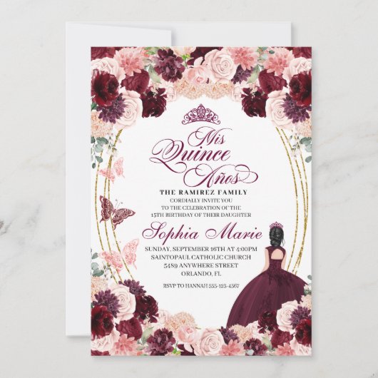 ブルゴーニュ赤面ピンクフローラキンセアニェラ誕生日 招待状 (正面)