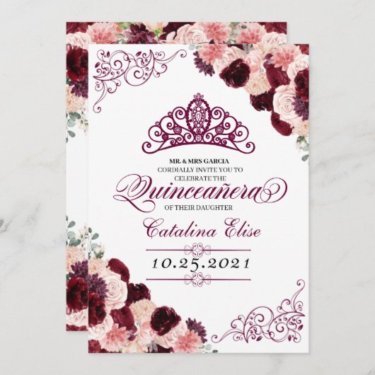 ブルゴーニュ赤面ピンクフローラキンセアニェラ誕生日 招待状 (正面/裏面)