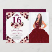 ブルゴーニュ赤面ピンクフローラスウィート16誕生日写真 招待状 (正面/裏面)