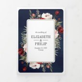 ブルゴーニュ赤面ピンクフローラネイビーオールインワン結婚ズ 三つ折り招待状 (カバー)