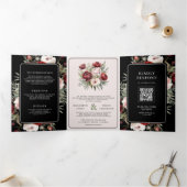 ブルゴーニュ赤面ピンクフローラブラックムーディ結婚ーズ 三つ折り招待状 (内部)