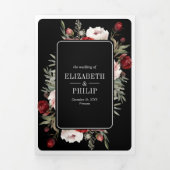 ブルゴーニュ赤面ピンクフローラブラックムーディ結婚ーズ 三つ折り招待状 (カバー)