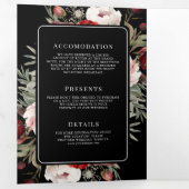 ブルゴーニュ赤面ピンクフローラブラックムーディ結婚ーズ 三つ折り招待状 (内部最初)