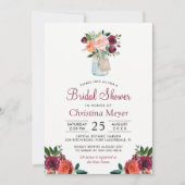 ブルゴーニュ赤面ピンクフローラメイスンジャーブライダルシャワー 招待状 (正面)